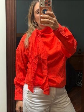 Adolfo Dominguez Vibrant Red Tie-Neck Blouse